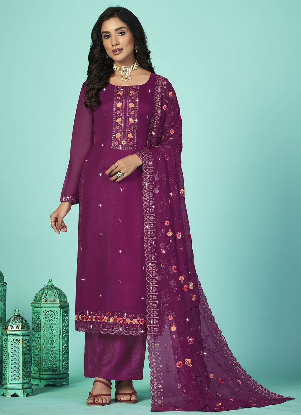 Salwar Suit Organza Purple Diamond Salwar Kameez