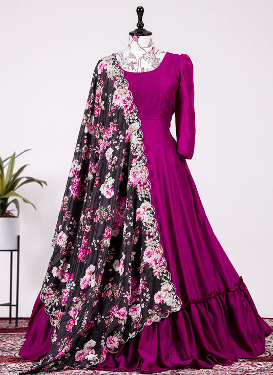 Gown Vichitra Silk Purple Plain Gown