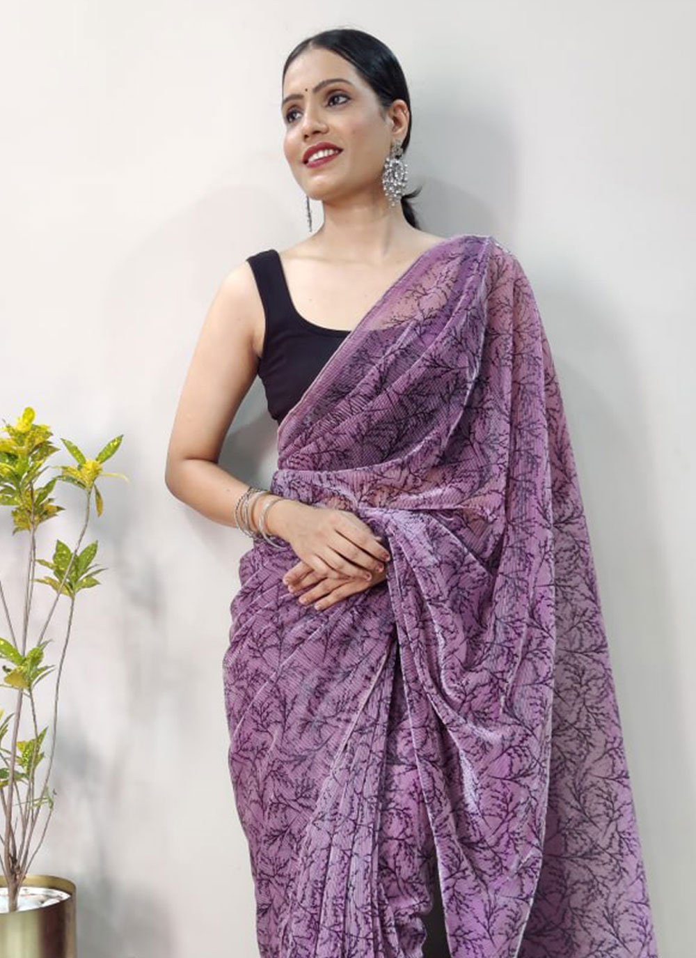 Contemporary Net Purple Print Saree