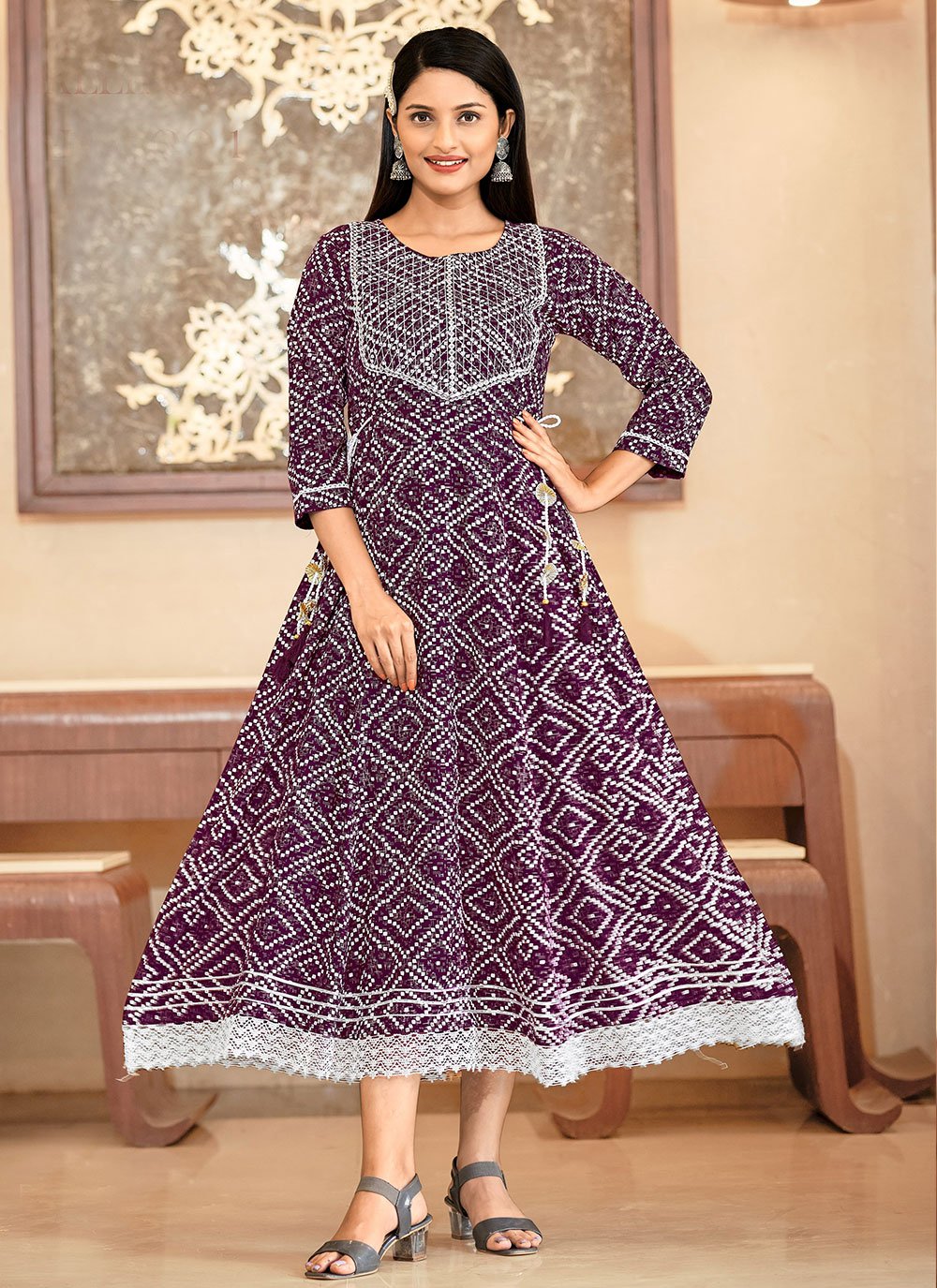 Party Wear Kurti Rayon Purple Bandhej Kurtis