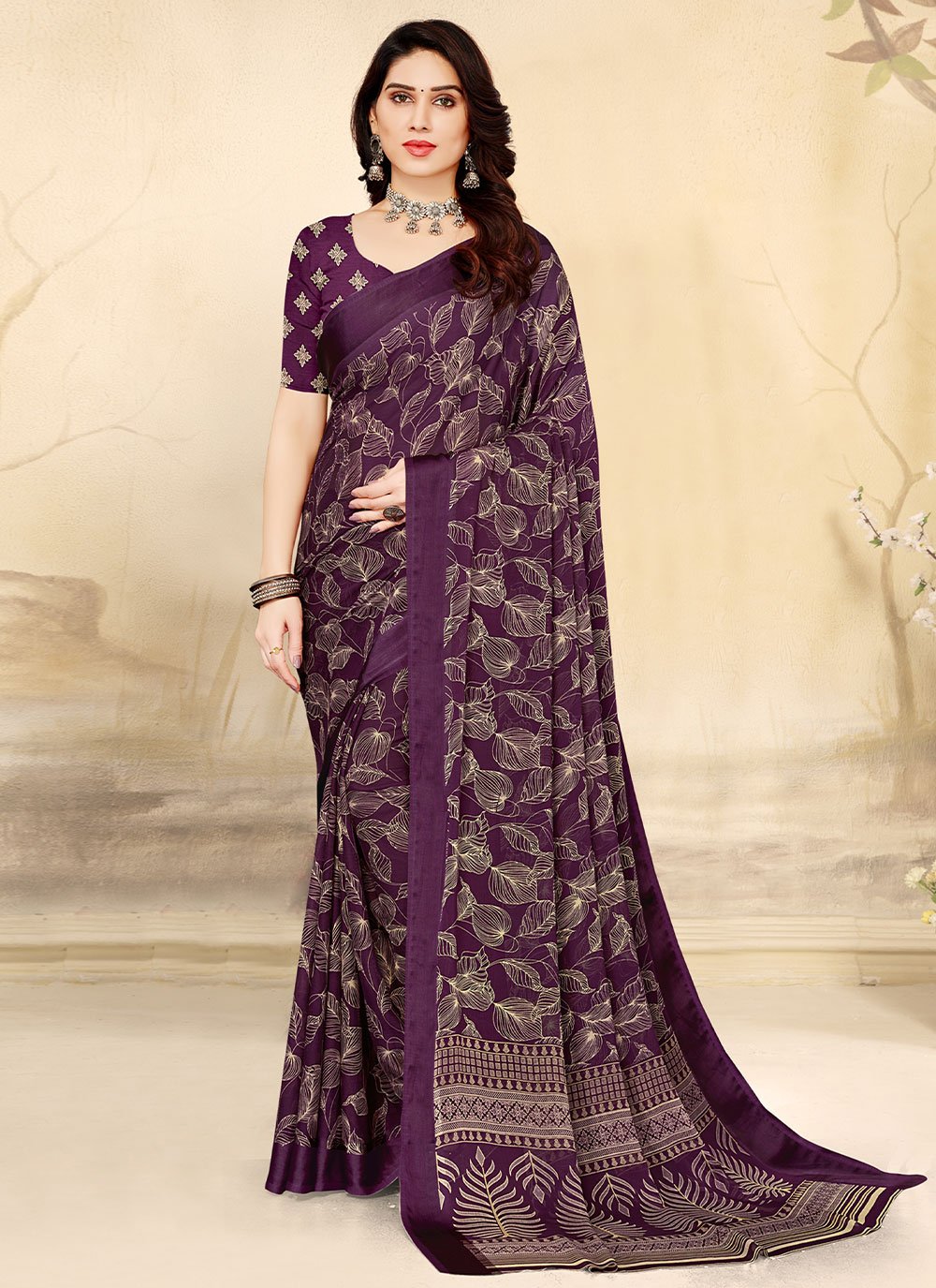 Classic Chiffon Purple Print Saree