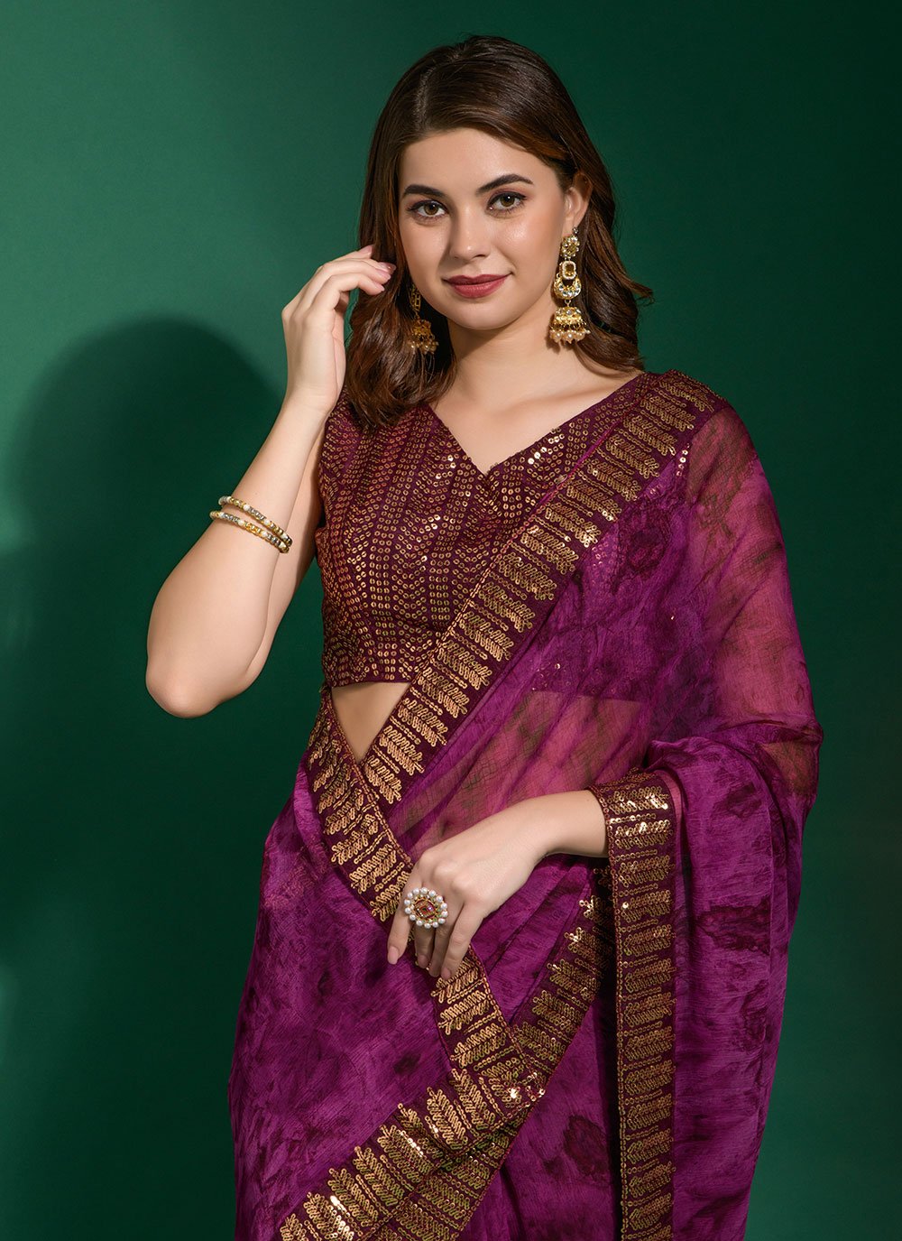 Trendy Saree Chiffon Purple Patch Border Saree