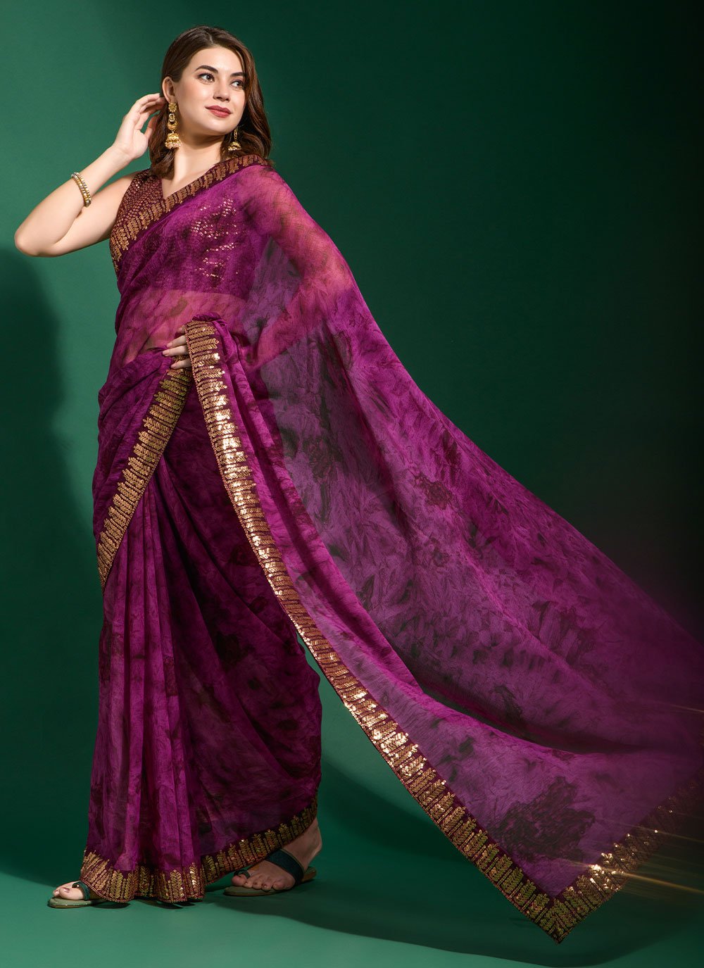 Trendy Saree Chiffon Purple Patch Border Saree