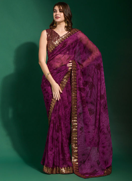 Trendy Saree Chiffon Purple Patch Border Saree