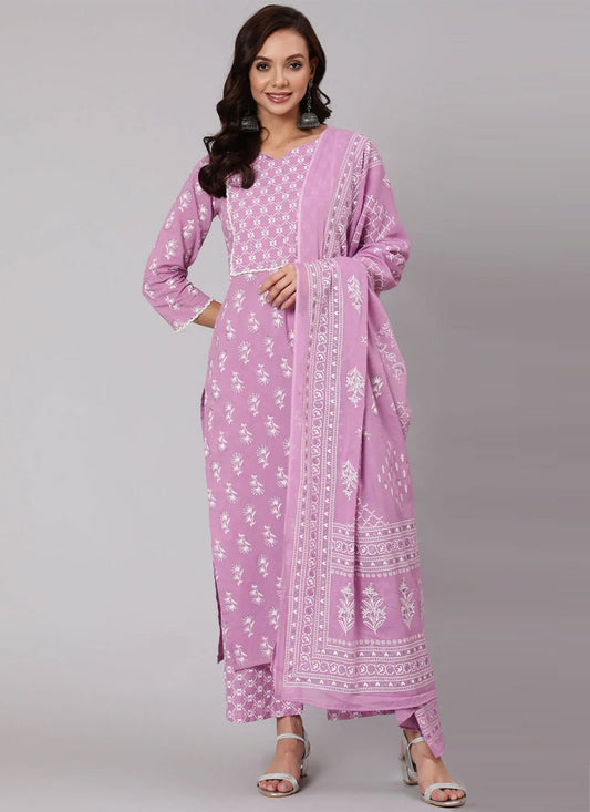 Palazzo Salwar Suit Cotton Purple Print Salwar Kameez