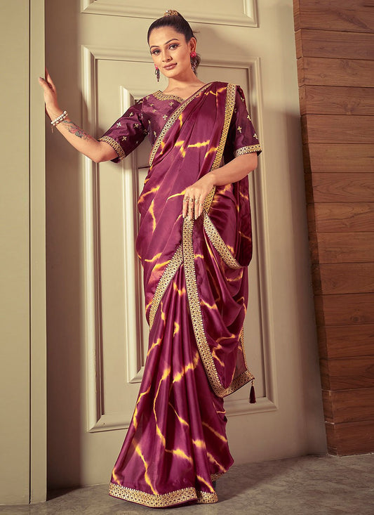 Classic Crepe Silk Satin Purple Lace Saree