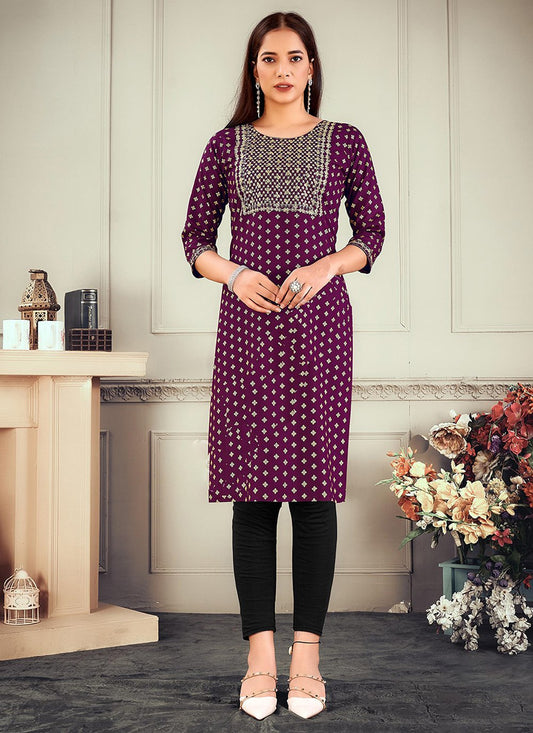 Party Wear Kurti Rayon Purple Embroidered Kurtis