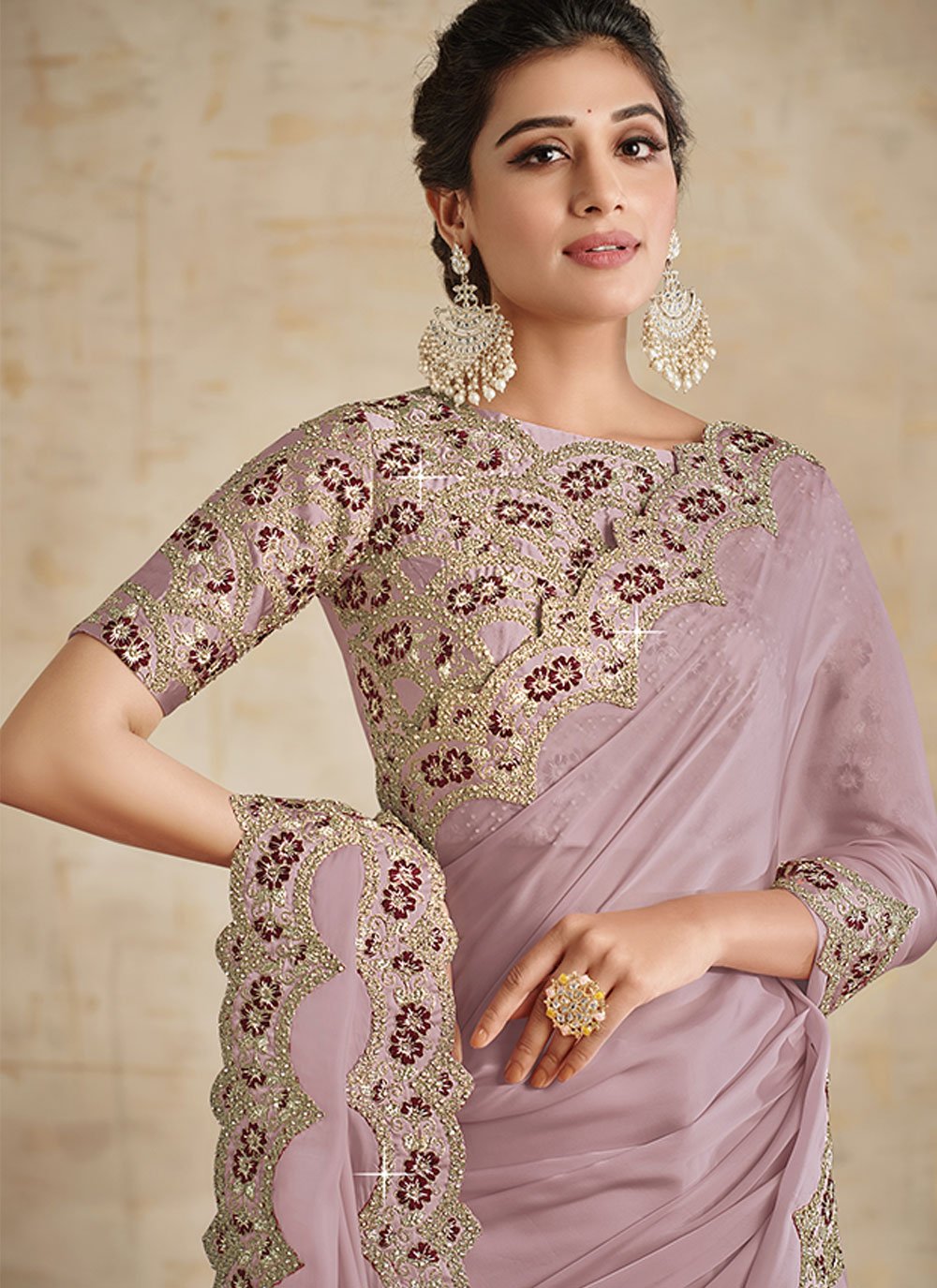 Classic Satin Silk Purple Embroidered Saree