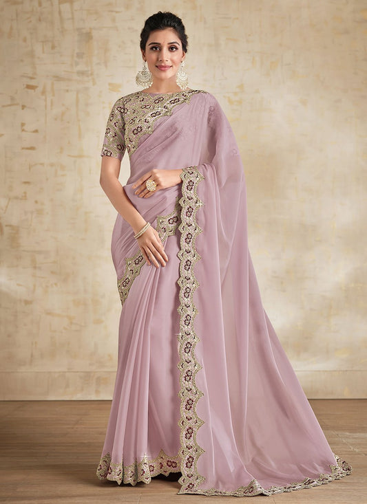 Classic Satin Silk Purple Embroidered Saree