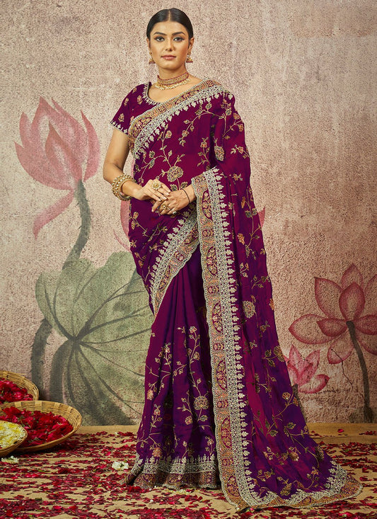 Classic Organza Silk Purple Embroidered Saree