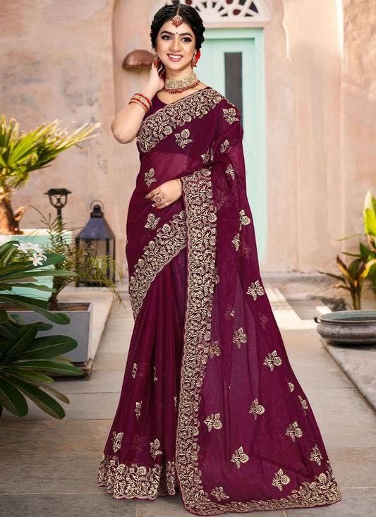 Trendy Saree Shimmer Silk Purple Embroidered Saree