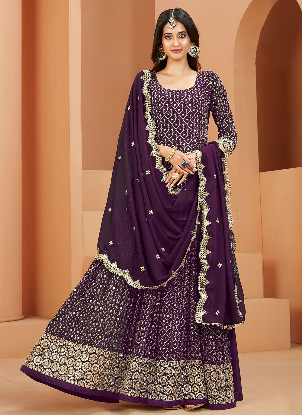 Anarkali Suit Faux Georgette Purple Embroidered Salwar Kameez