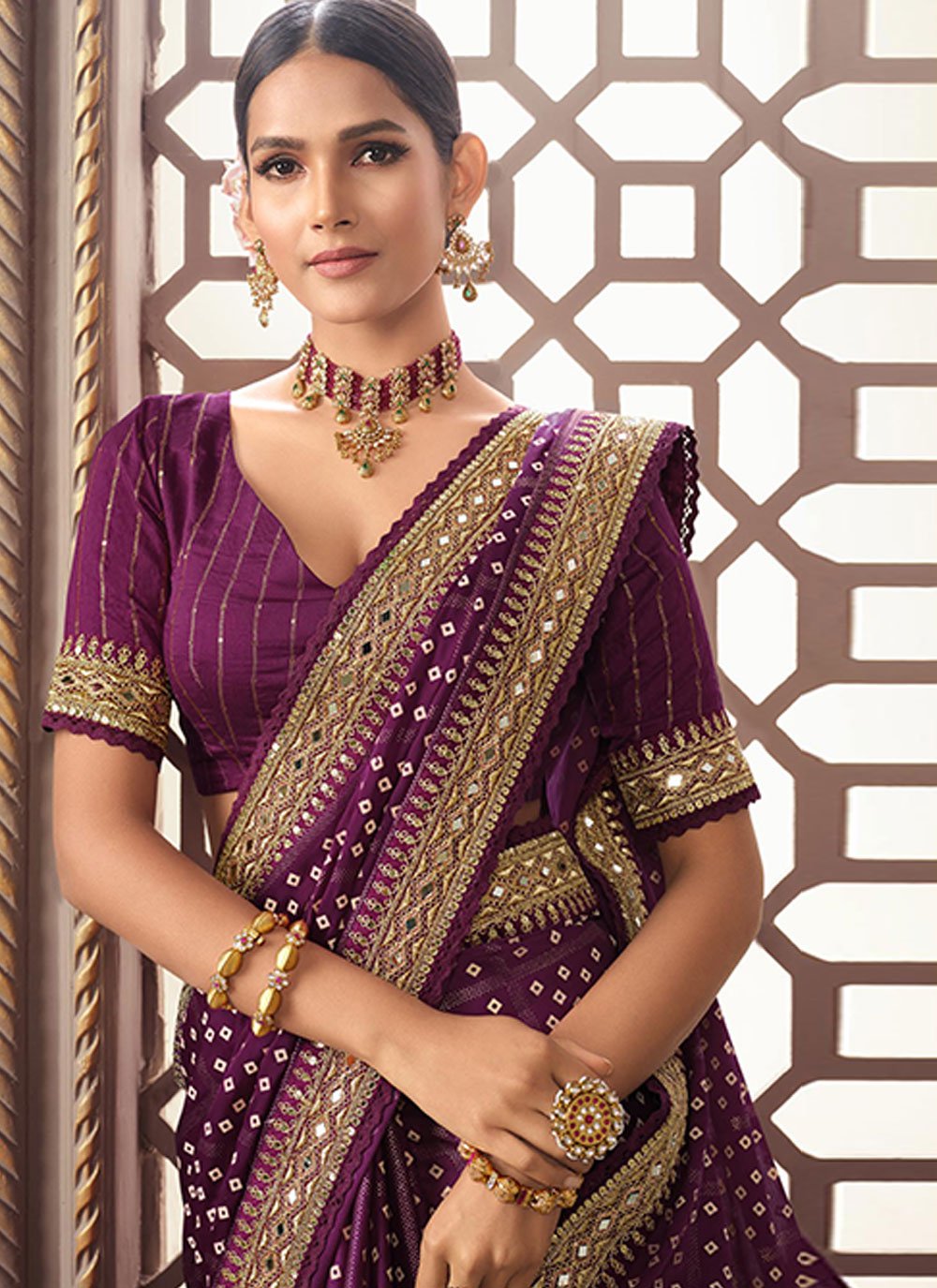 Designer Silk Purple Embroidered Saree