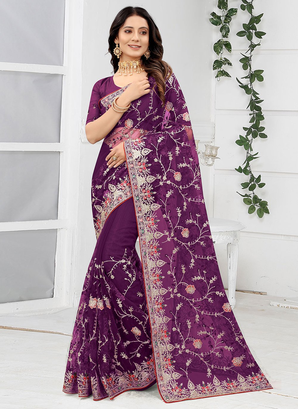 Traditional Saree Net Purple Embroidered Saree