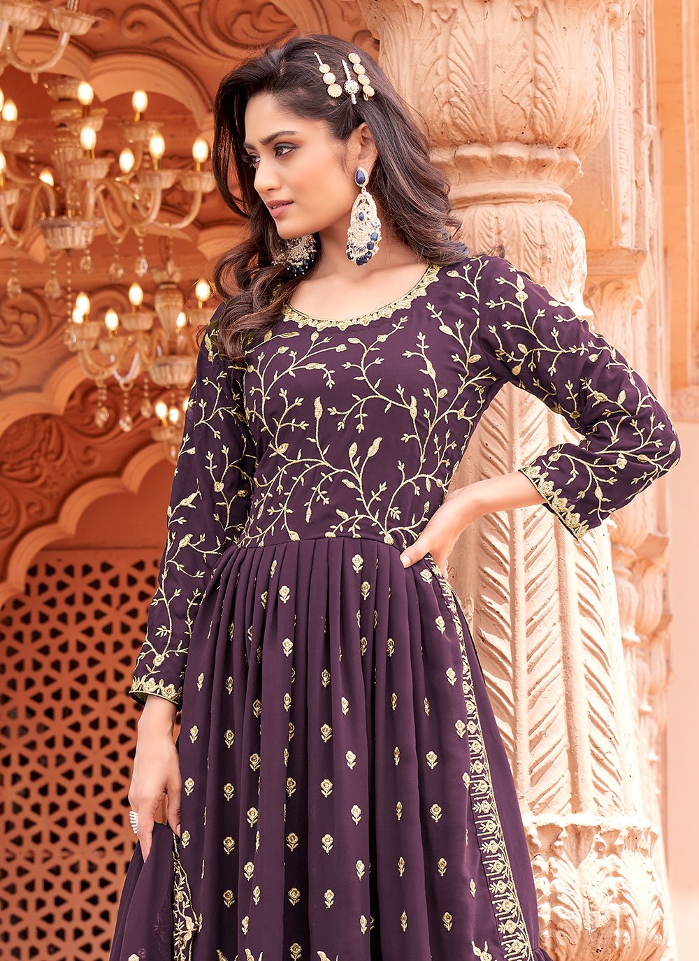 Salwar Suit Faux Georgette Purple Embroidered Salwar Kameez