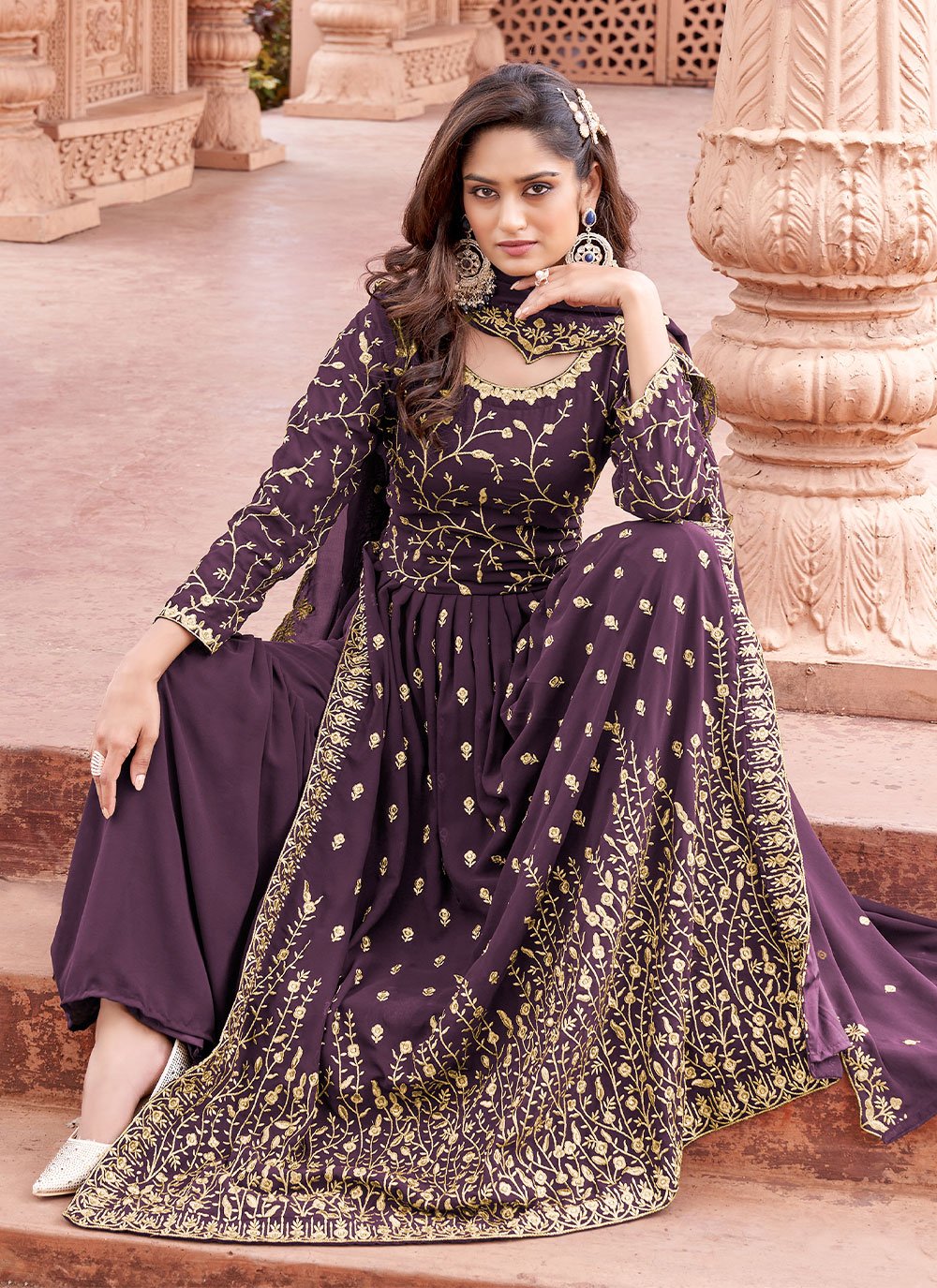 Salwar Suit Faux Georgette Purple Embroidered Salwar Kameez