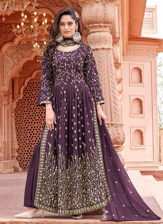 Salwar Suit Faux Georgette Purple Embroidered Salwar Kameez