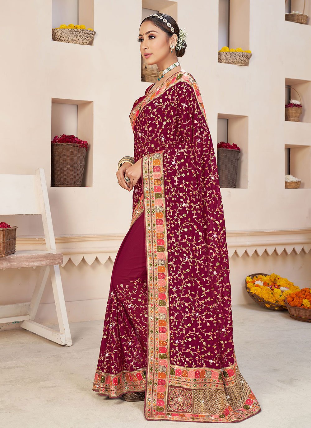 Trendy Saree Faux Georgette Purple Embroidered Saree