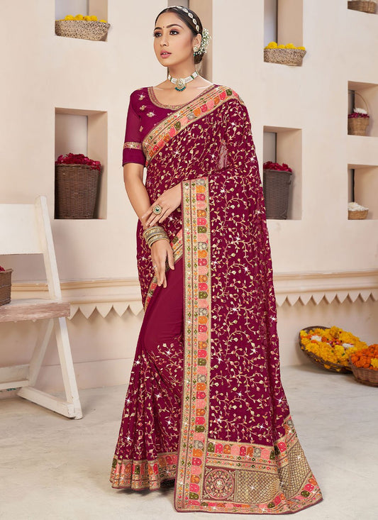 Trendy Saree Faux Georgette Purple Embroidered Saree