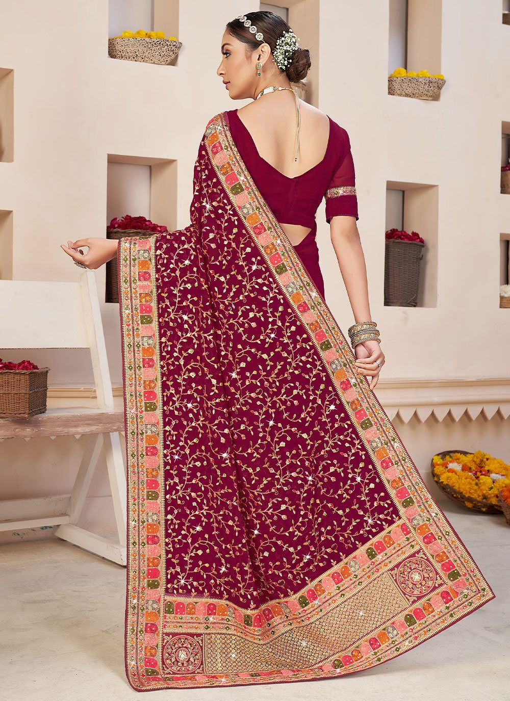 Trendy Saree Faux Georgette Purple Embroidered Saree