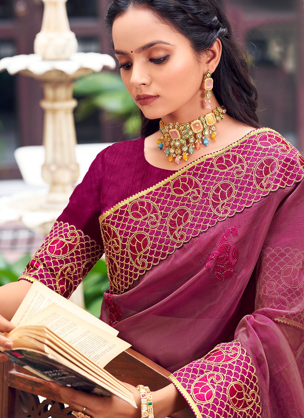 Classic Georgette Purple Patch Border Saree