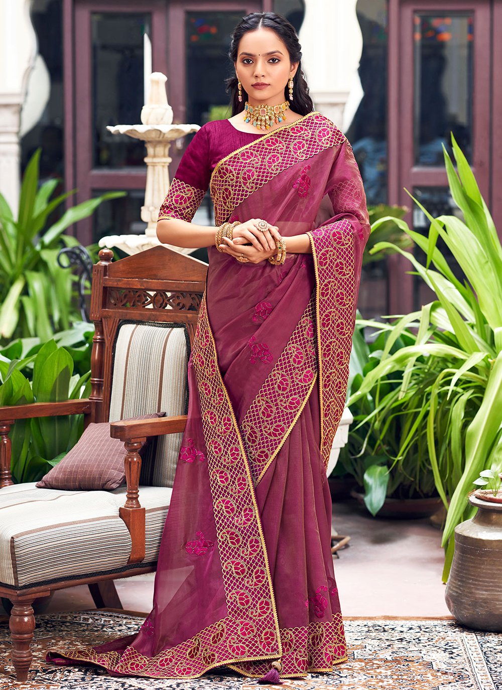 Classic Georgette Purple Patch Border Saree