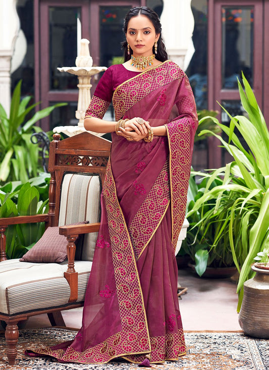 Classic Georgette Purple Patch Border Saree