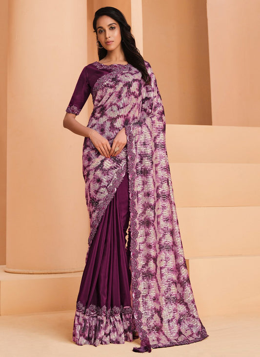 Classic Crepe Silk Satin Purple Embroidered Saree