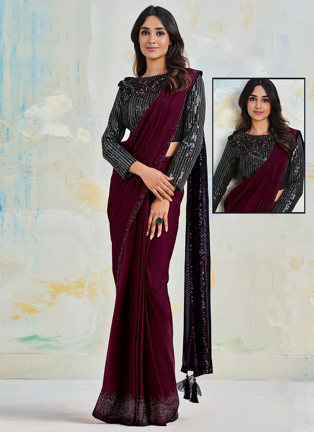 Contemporary Faux Crepe Satin Silk Purple Sequins Saree