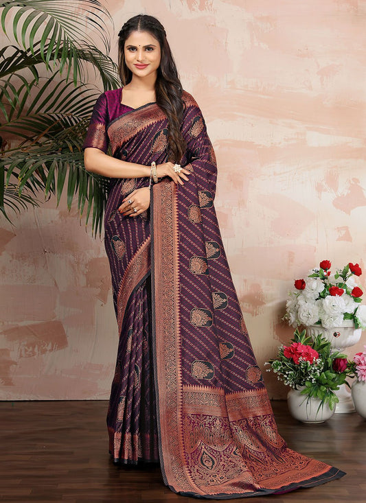 Trendy Saree Satin Silk Purple Woven Saree