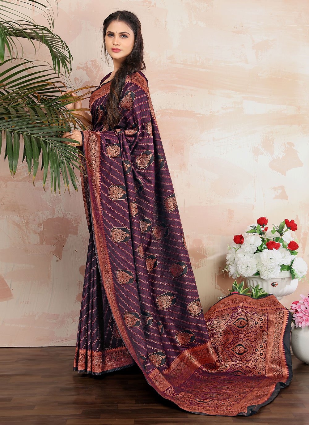 Trendy Saree Satin Silk Purple Woven Saree