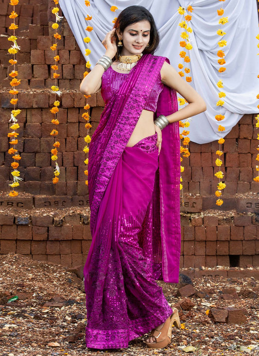 Contemporary Georgette Purple Embroidered Saree