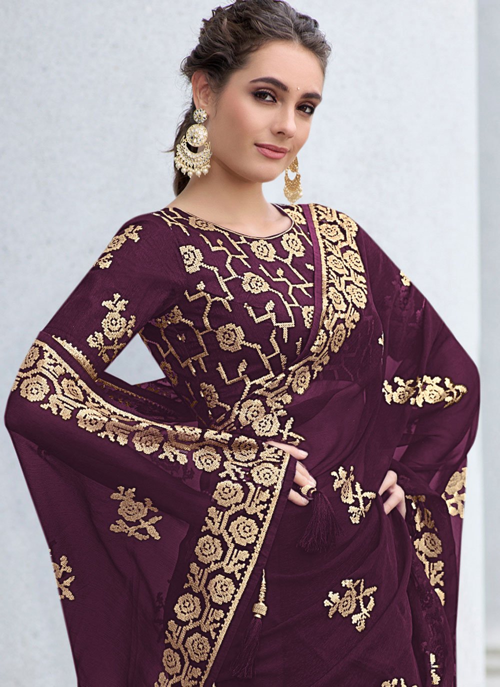 Contemporary Shimmer Georgette Purple Sequins Saree