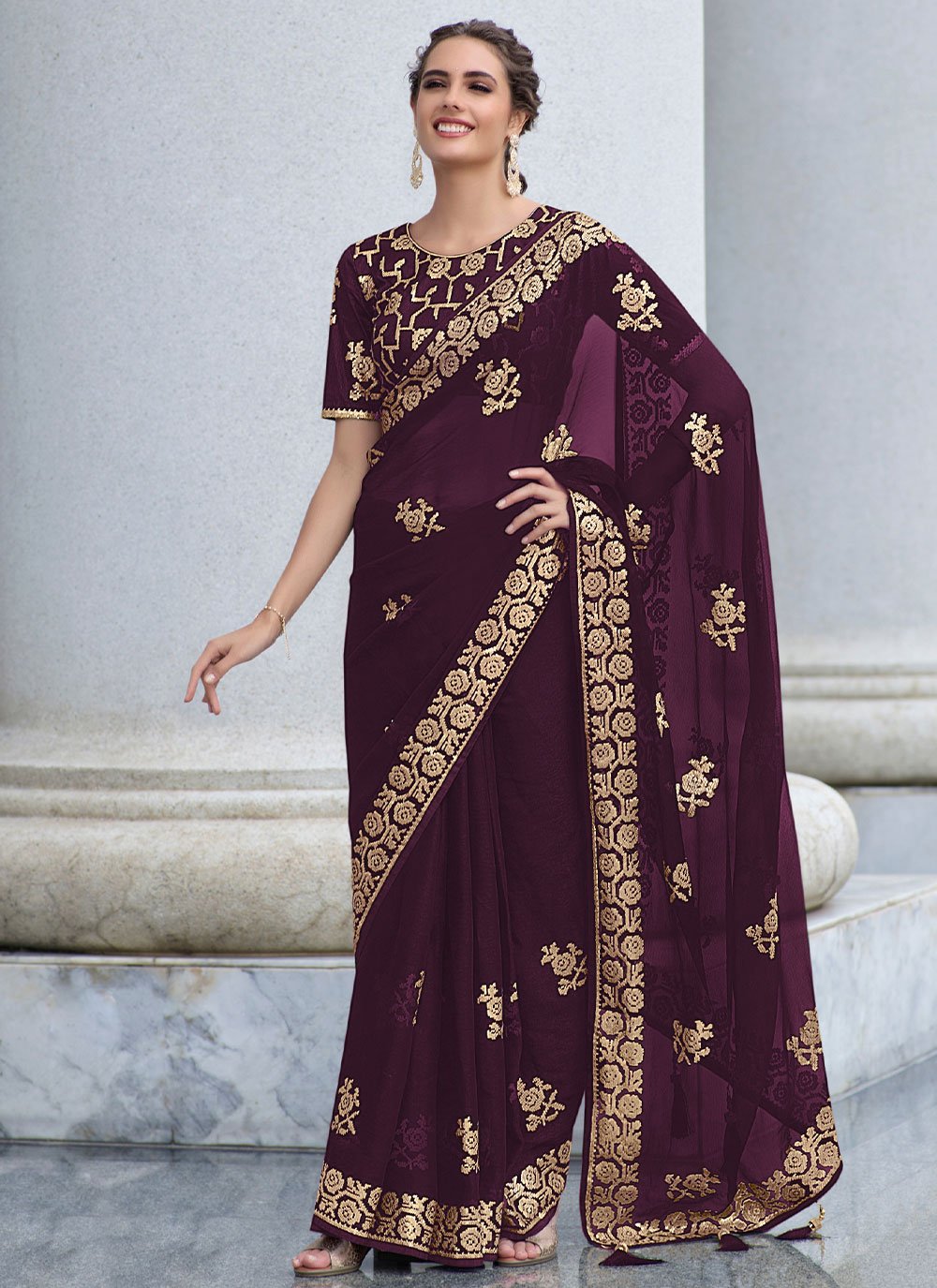 Contemporary Shimmer Georgette Purple Sequins Saree