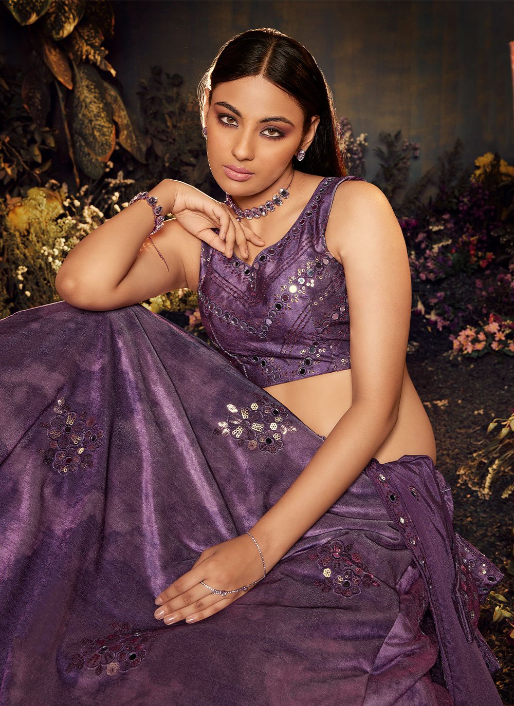 A Line Lehenga Velvet Purple Embroidered Lehenga Choli