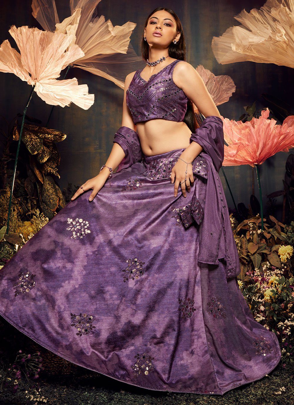 A Line Lehenga Velvet Purple Embroidered Lehenga Choli