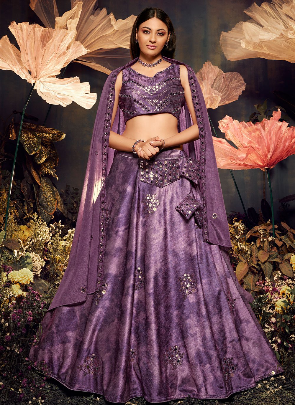 A Line Lehenga Velvet Purple Embroidered Lehenga Choli