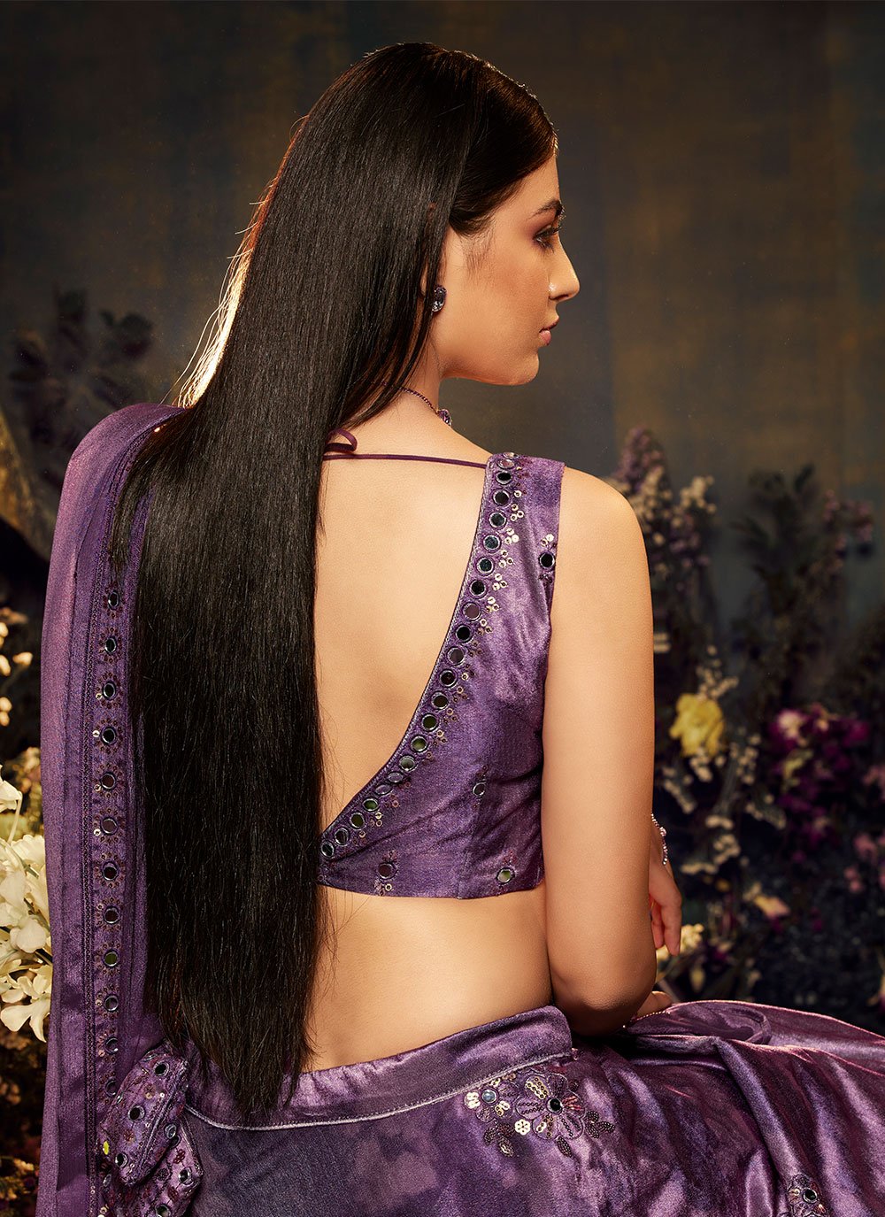 A Line Lehenga Velvet Purple Embroidered Lehenga Choli