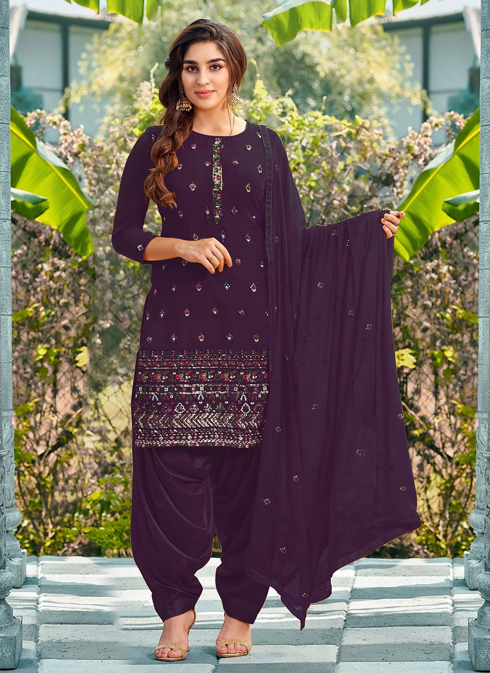 Salwar Suit Georgette Purple Embroidered Salwar Kameez