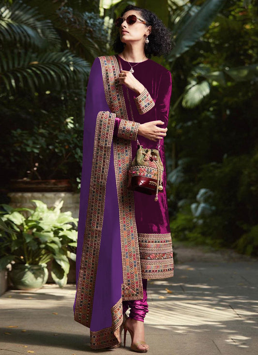 Trendy Suit Velvet Purple Embroidered Salwar Kameez