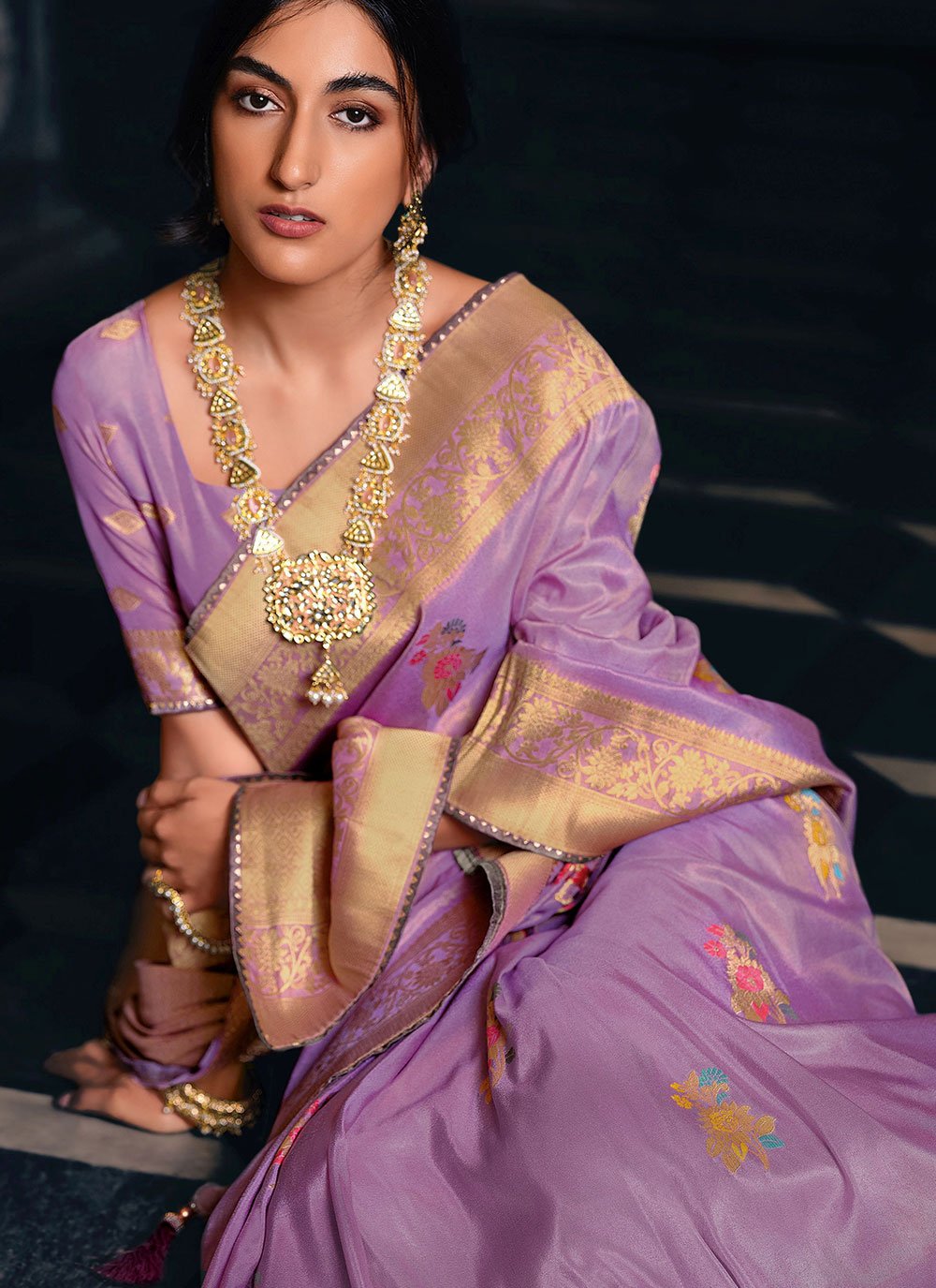 Contemporary Silk Tissue Purple Meenakari Saree