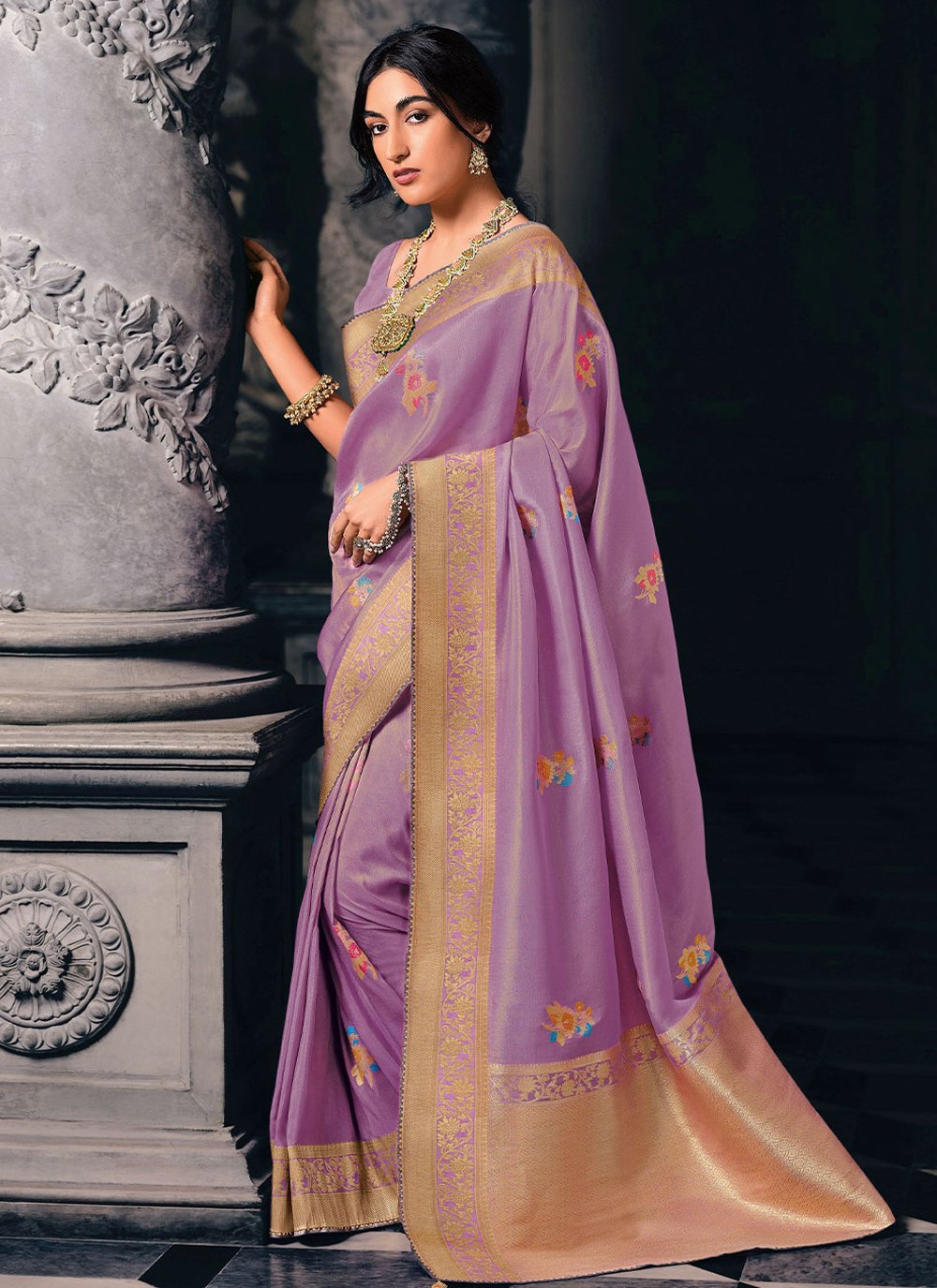 Contemporary Silk Tissue Purple Meenakari Saree