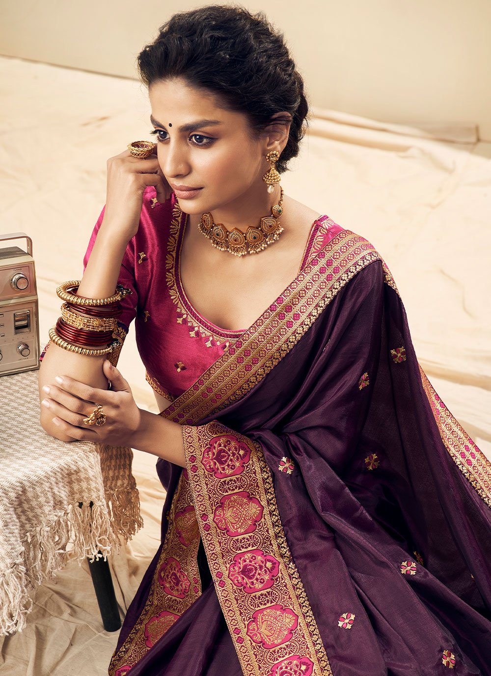 Designer Silk Purple Embroidered Saree