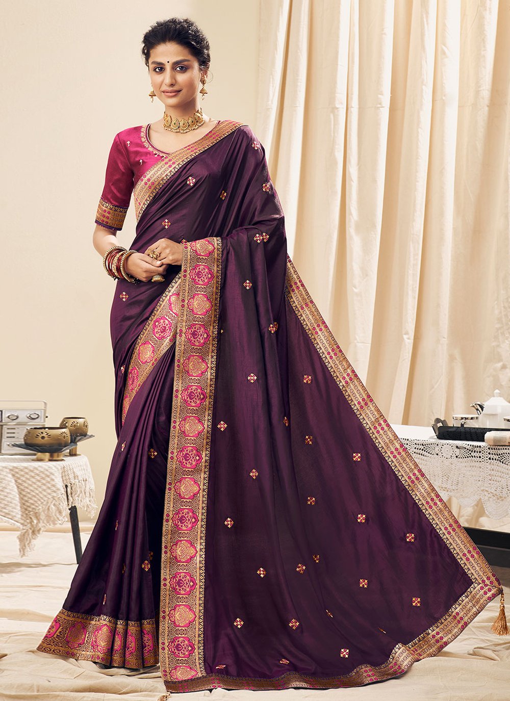 Designer Silk Purple Embroidered Saree