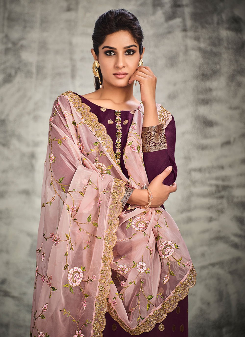 Salwar Suit Organza Silk Purple Hand Work Salwar Kameez