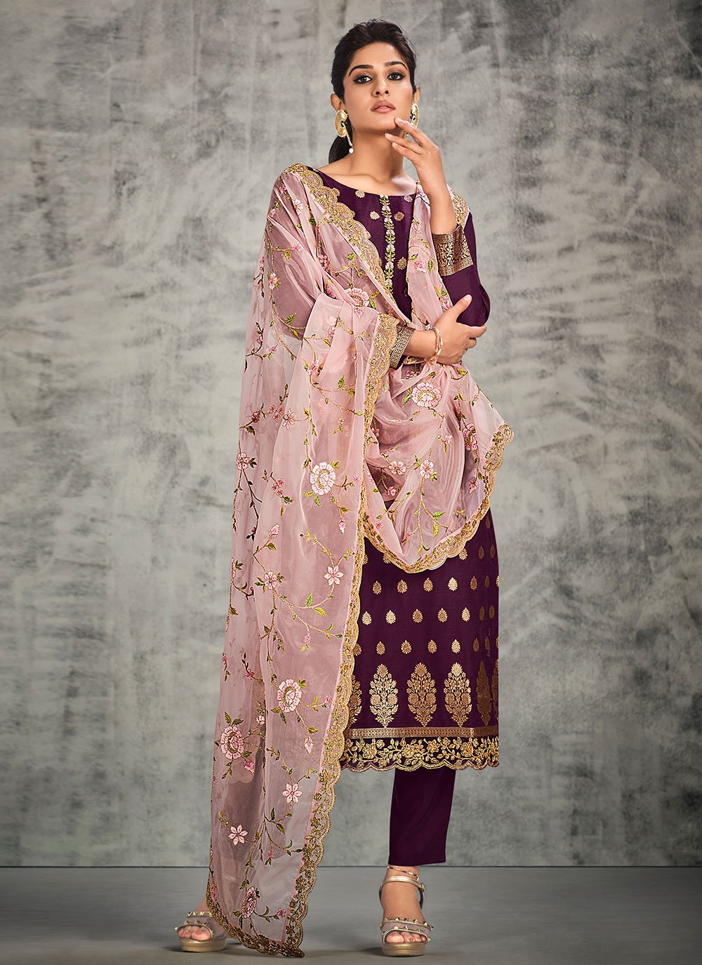 Salwar Suit Organza Silk Purple Hand Work Salwar Kameez