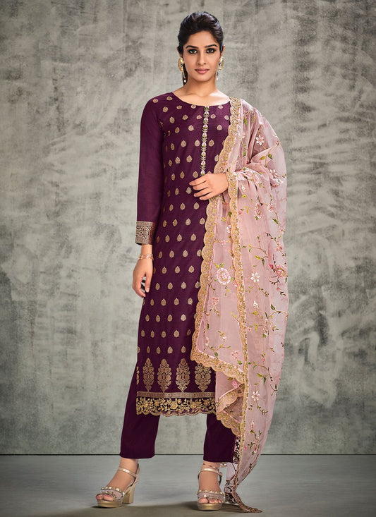 Salwar Suit Organza Silk Purple Hand Work Salwar Kameez