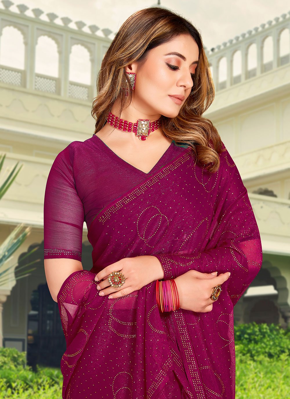 Contemporary Chiffon Purple Stone Saree