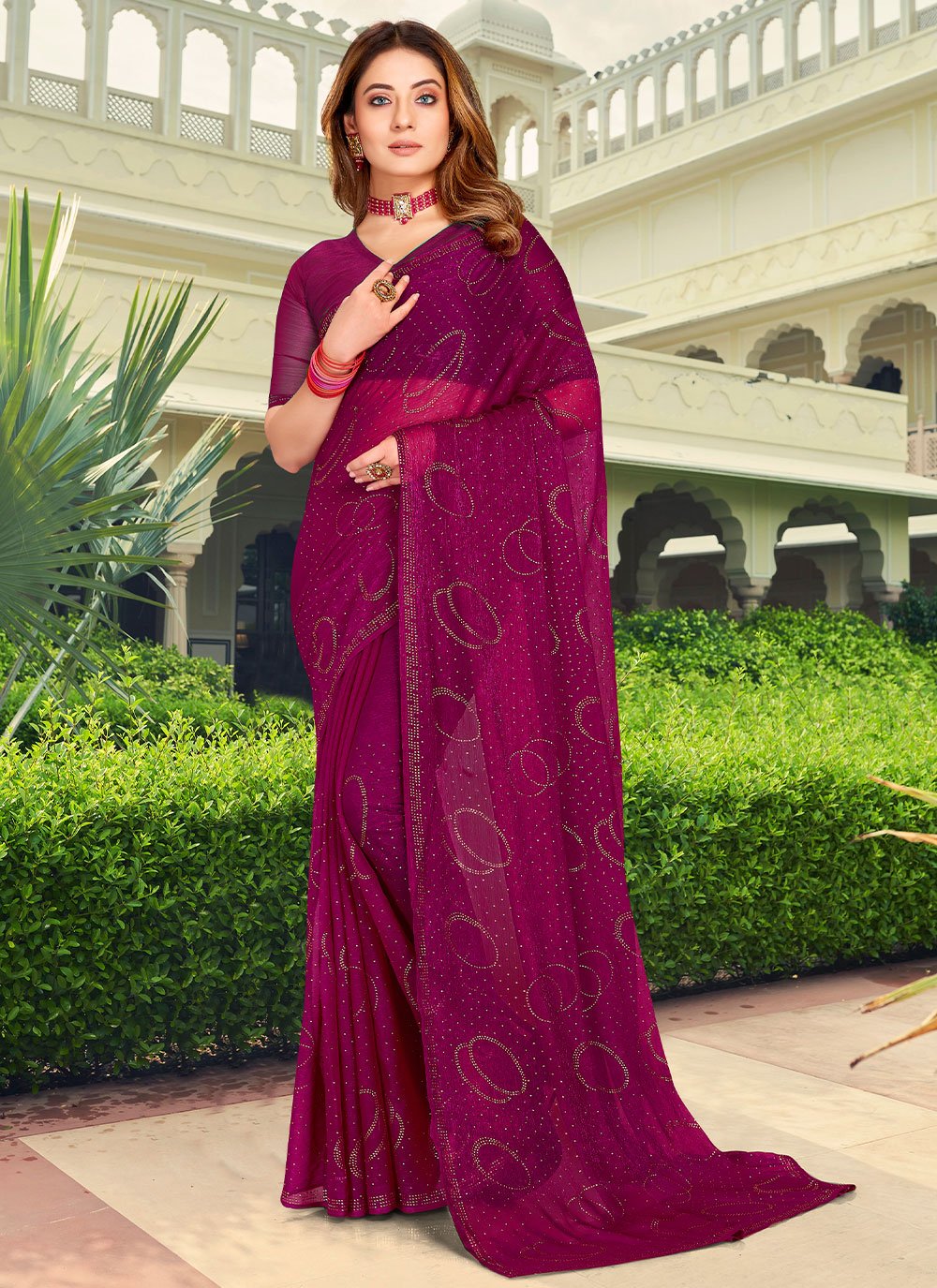 Contemporary Chiffon Purple Stone Saree