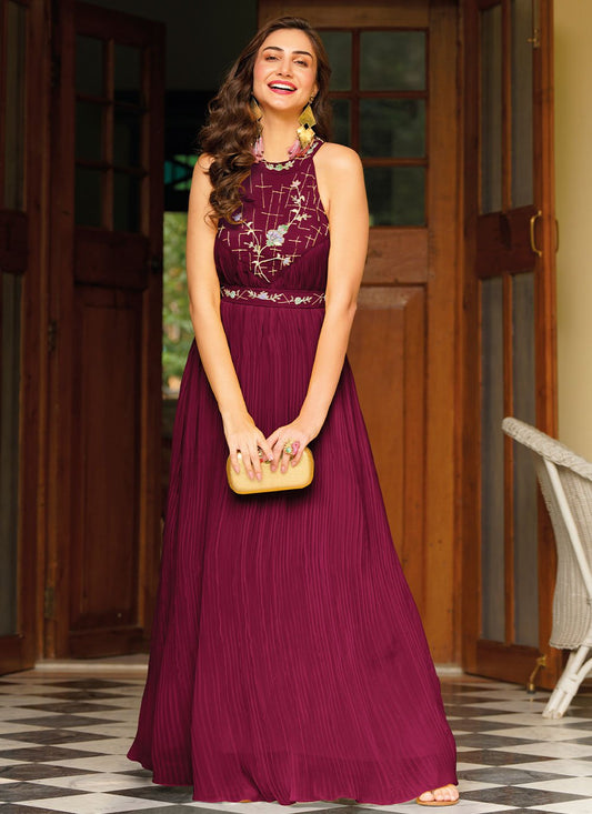Gown Georgette Purple Embroidered Gown